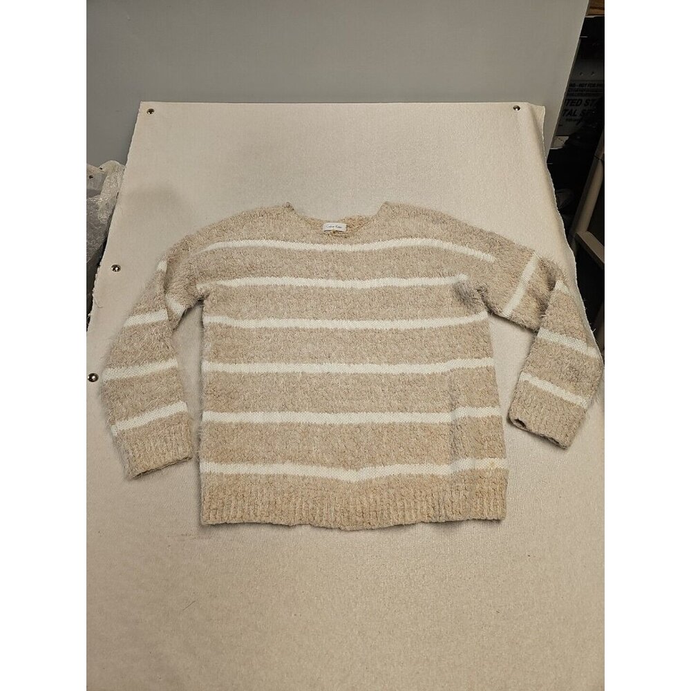 Calvin Klein Womens‎ Tan White Striped Eyelash Knit Pullover Sweater Medium M